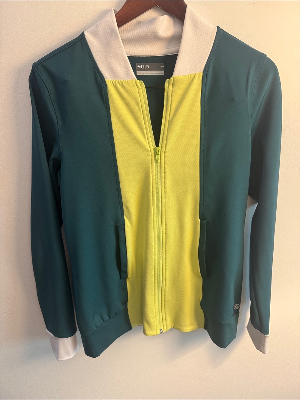 Lija Teal and Lime Colorblock Bomber Jacket